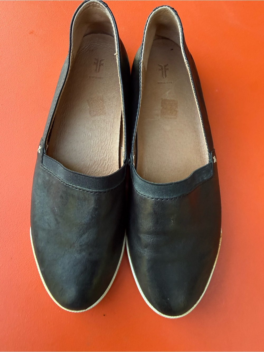 Frye Black Leather Slip-On Flats with White Trim - Picture 3 of 11